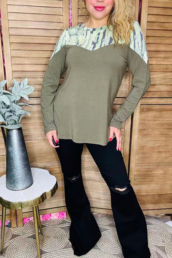 Western cactus printed & olive green long sleeve women tops GJQ10114