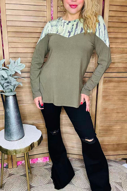 Western cactus printed & olive green long sleeve women tops GJQ10114