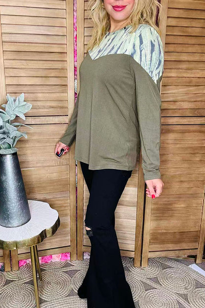 Western cactus printed & olive green long sleeve women tops GJQ10114