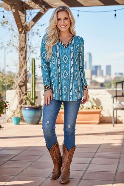 Western mint aztec & leopard long sleeve women's boutique blouse GJQ10338