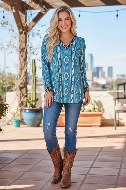 Western mint aztec & leopard long sleeve women's boutique blouse GJQ10338
