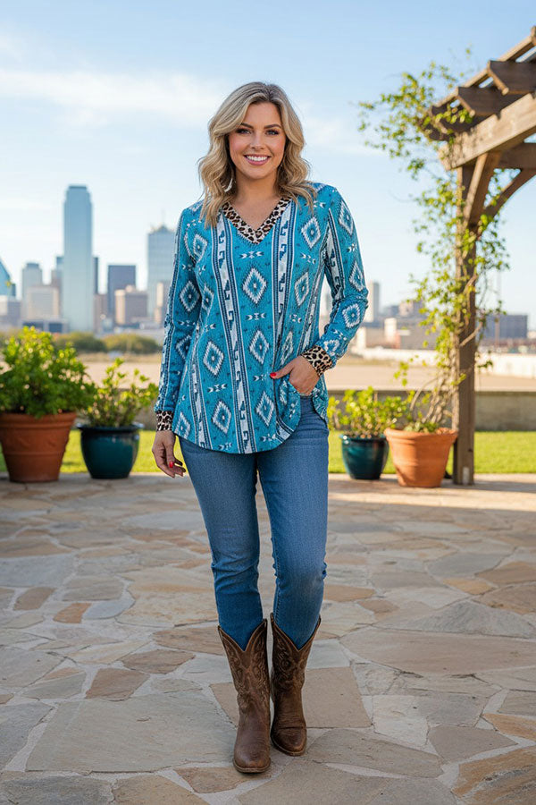 Western mint aztec & leopard long sleeve women's boutique blouse GJQ10338