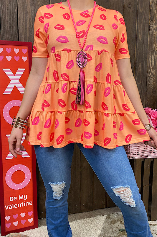 GJQ10850-2 Orange baby doll blouse w/kiss print