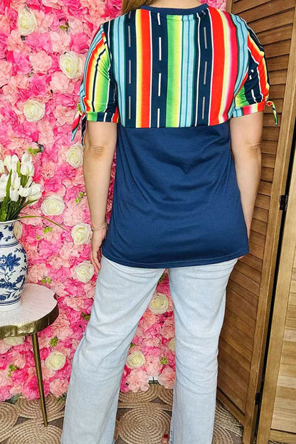 Western plus size women clothing Navy blue top w/multi color serape print GJQ10890
