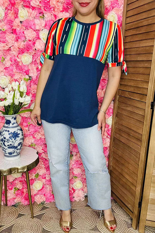 Western plus size women clothing Navy blue top w/multi color serape print GJQ10890