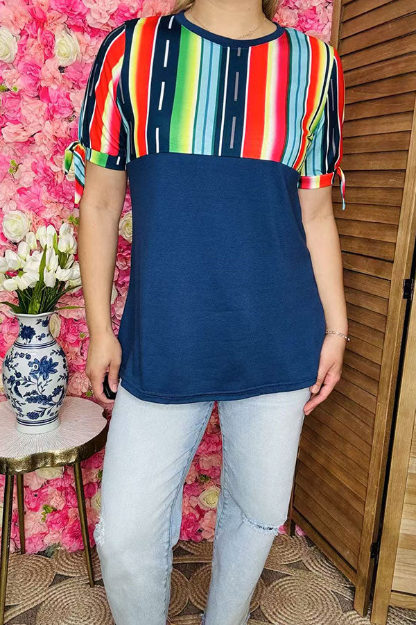 Western plus size women clothing Navy blue top w/multi color serape print GJQ10890