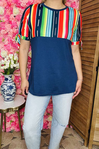 Western plus size women clothing Navy blue top w/multi color serape print GJQ10890