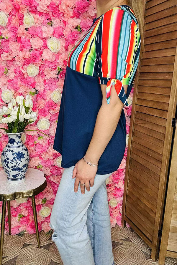Western plus size women clothing Navy blue top w/multi color serape print GJQ10890
