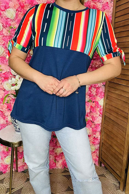 Western plus size women clothing Navy blue top w/multi color serape print GJQ10890
