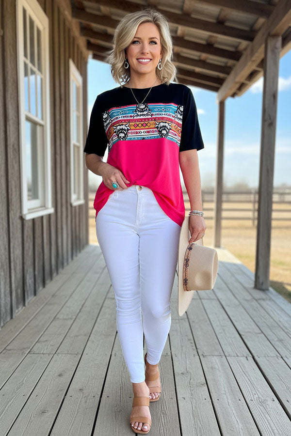 Western aztec & bull & fuchsia & black women's boutique top GJQ11072