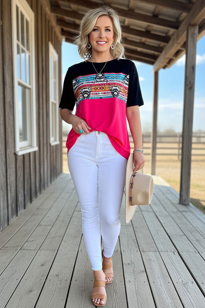 Western aztec & bull & fuchsia & black women's boutique top GJQ11072