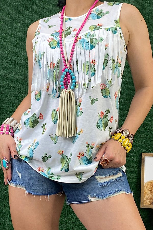 GJQ11157 Cactus printed white tank top w/fringe tassels