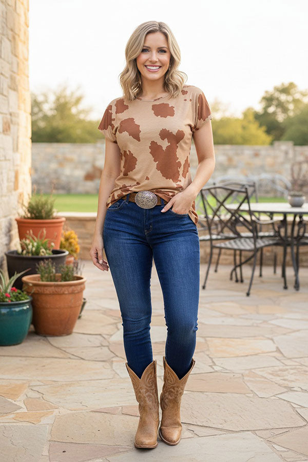Western Brown spotted women's boutique top w/criss cross back GJQ11470