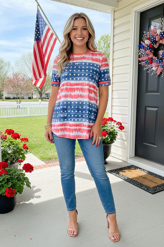 4th July USA Flag tie dye short sleeve women t-shirt GJQ11663