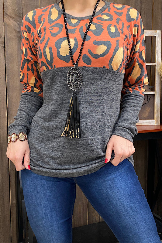 GJQ11670 Grey & orange leopard printed long sleeve top