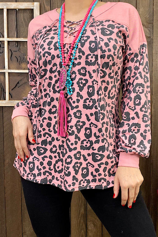 GJQ11887 Pink leopard bubble sleeves top w/criss cross neckline