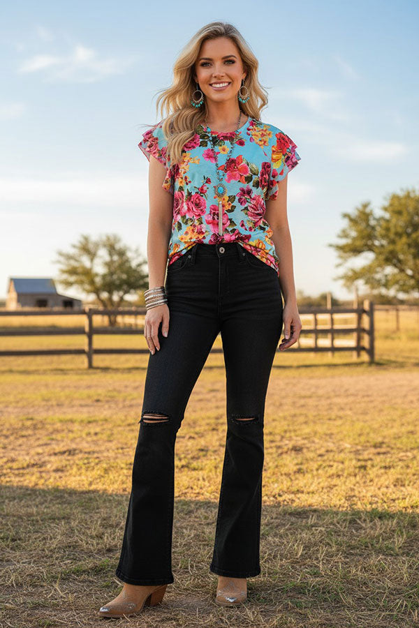 Chic blue floral printed ruffle sleeves women's boutique blouse GJQ11963