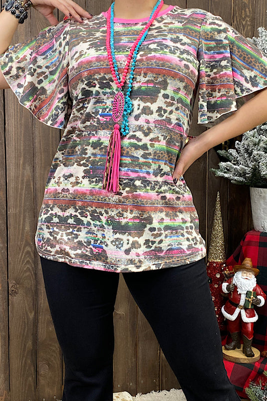 GJQ12237 Cow & serape printed blouse w/bell sleeves