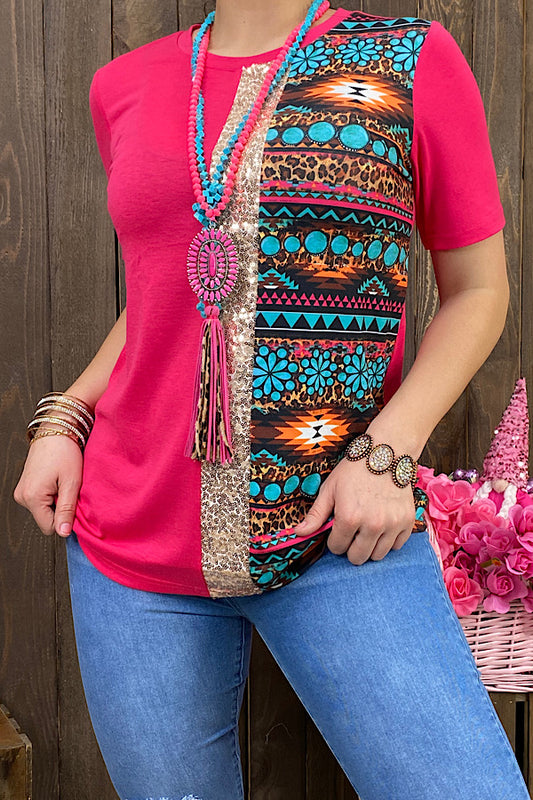 GJQ12507 Fuchsia top w/sequin detail & leopard/Aztec print