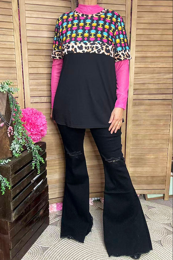 GJQ12647 Black Aztec & leopard printed short sleeve women top
