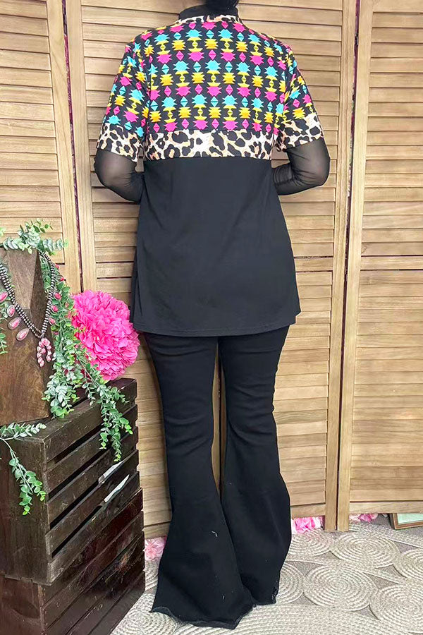 GJQ12647 Black Aztec & leopard printed short sleeve women top