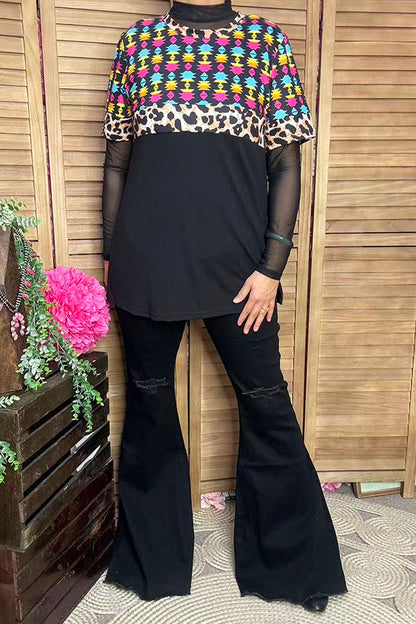 GJQ12647 Black Aztec & leopard printed short sleeve women top