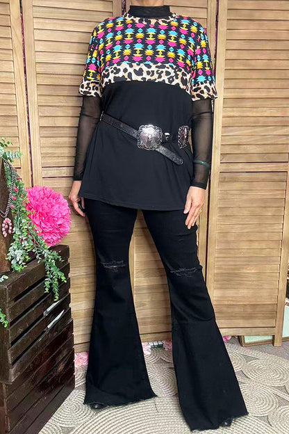 GJQ12647 Black Aztec & leopard printed short sleeve women top