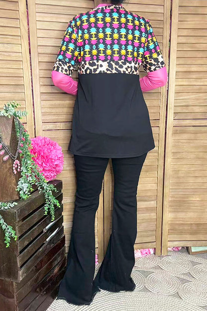 GJQ12647 Black Aztec & leopard printed short sleeve women top