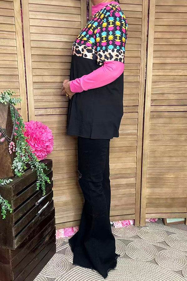 GJQ12647 Black Aztec & leopard printed short sleeve women top