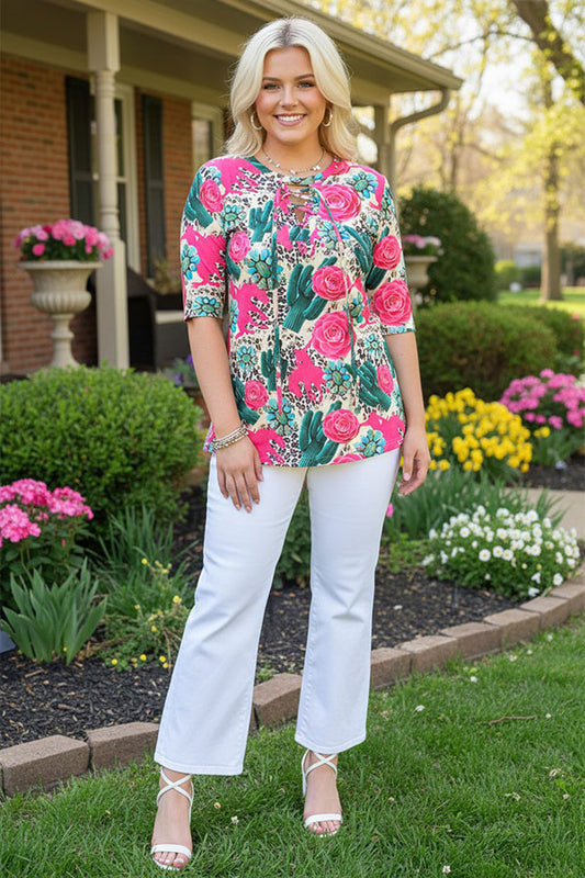 Floral & cactus short sleeves women tops w/criss cross neckline GJQ12940