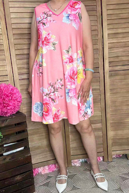 Trendy floral printed sleeveless women boutique dresses w/side pockets GJQ12999