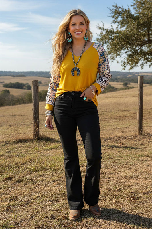 Western yellow mustard & 3/4 raglan leopard sleeve women's boutique blouse GJQ13086