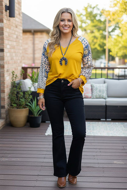 Western yellow mustard & 3/4 raglan leopard sleeve women's boutique blouse GJQ13086