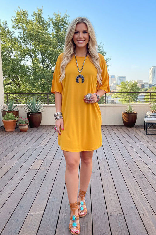 Western mustard yellow short women's boutique dress w/back fringe tassel GJQ13217