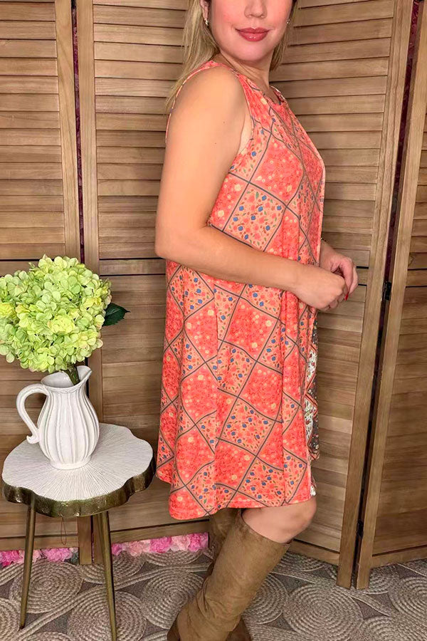 Plaid floral multi color printed sleeveless women dress with pockets GJQ13374