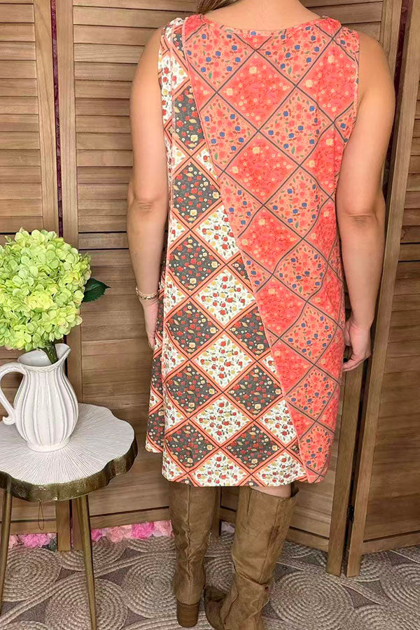 Plaid floral multi color printed sleeveless women dress with pockets GJQ13374