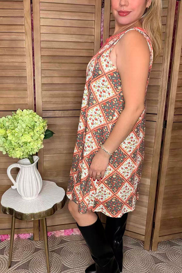 Plaid floral multi color printed sleeveless women dress with pockets GJQ13374