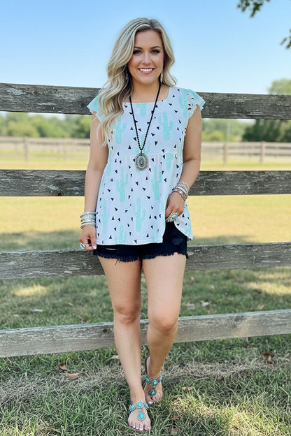 Western cactus printed ruffle sleeve boutique women's top Southern Stitch GJQ13379