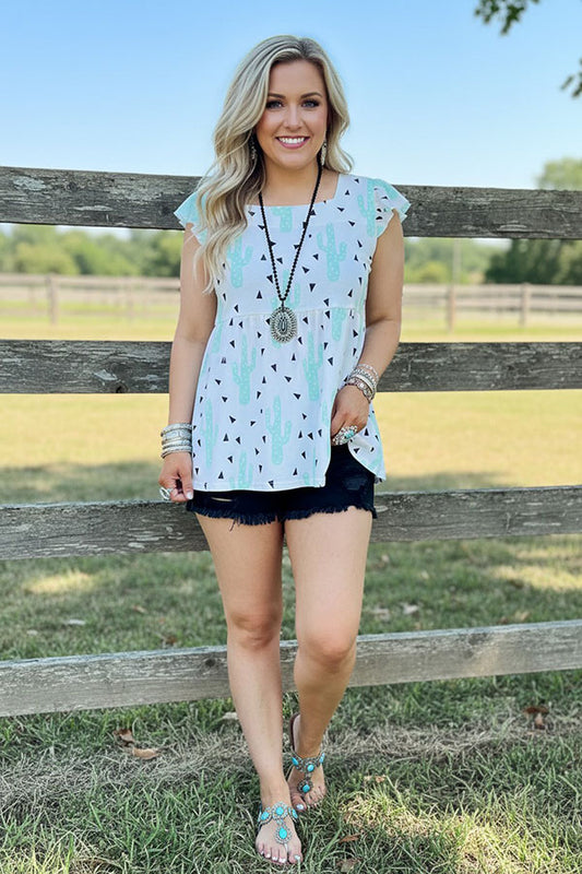 Western cactus printed ruffle sleeve boutique women's top Southern Stitch GJQ13379