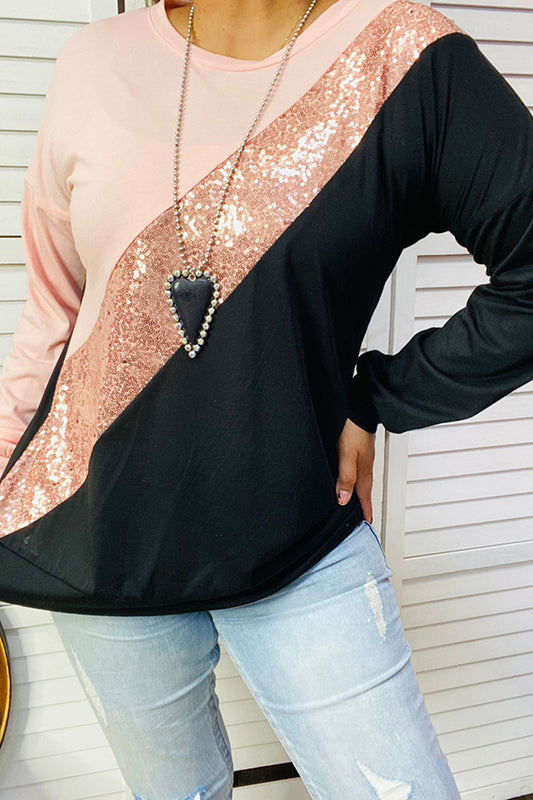 GJQ13519S Pink & Sequin & Black colorblock long sleeve top