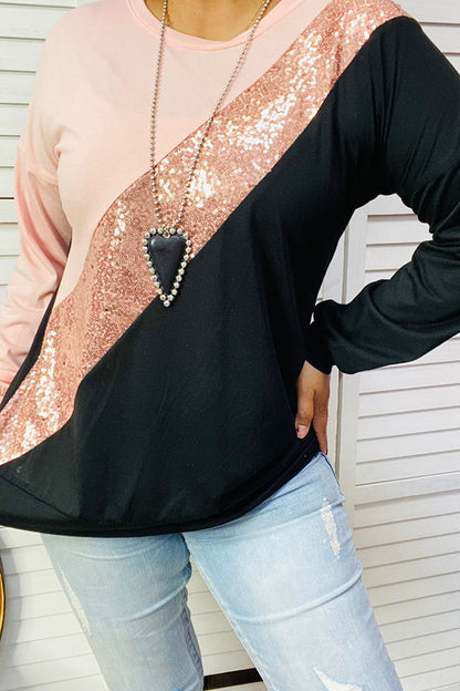 GJQ13519S Pink & Sequin & Black colorblock long sleeve top