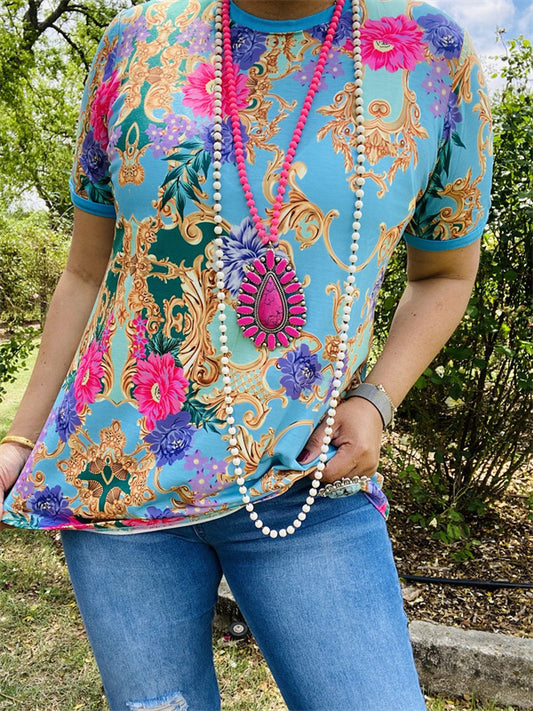 GJQ13637 Turquoise&Fuchsia gold paisley floral blue multi color printed short sleeves women tops