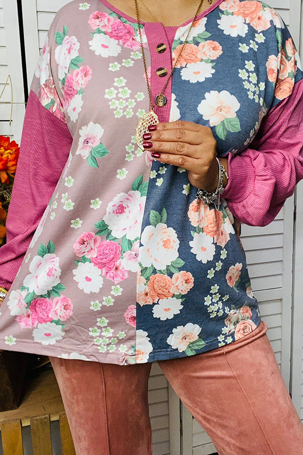GJQ13711 Half pink & grey floral printed long sleeve top