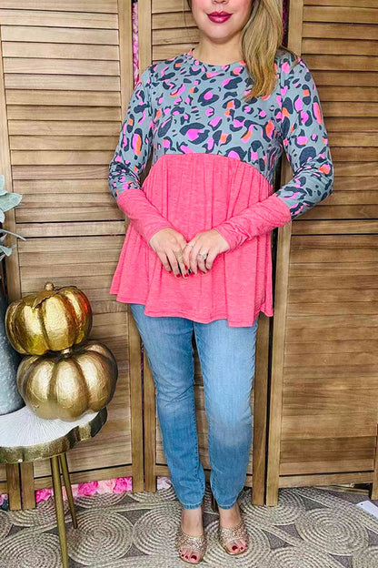 Grey & pink leopard printed baby doll long sleeve women top GJQ14117