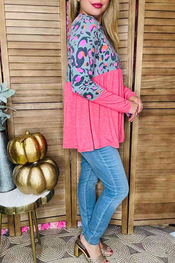 Grey & pink leopard printed baby doll long sleeve women top GJQ14117