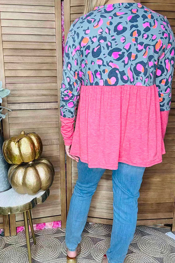 Grey & pink leopard printed baby doll long sleeve women top GJQ14117