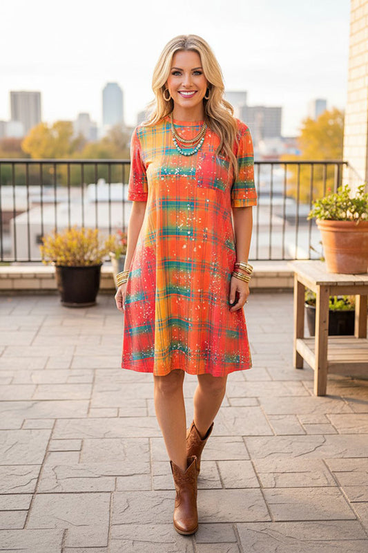 Western checked printed short sleeve women's boutique dress GJQ14144