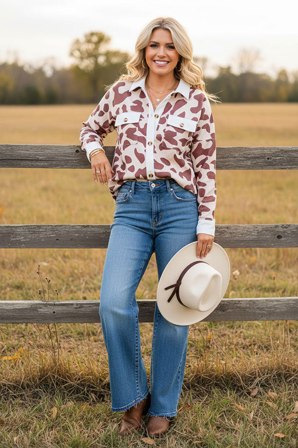 Western cow printed long sleeve women's boutique shirt w/pockets GJQ14253