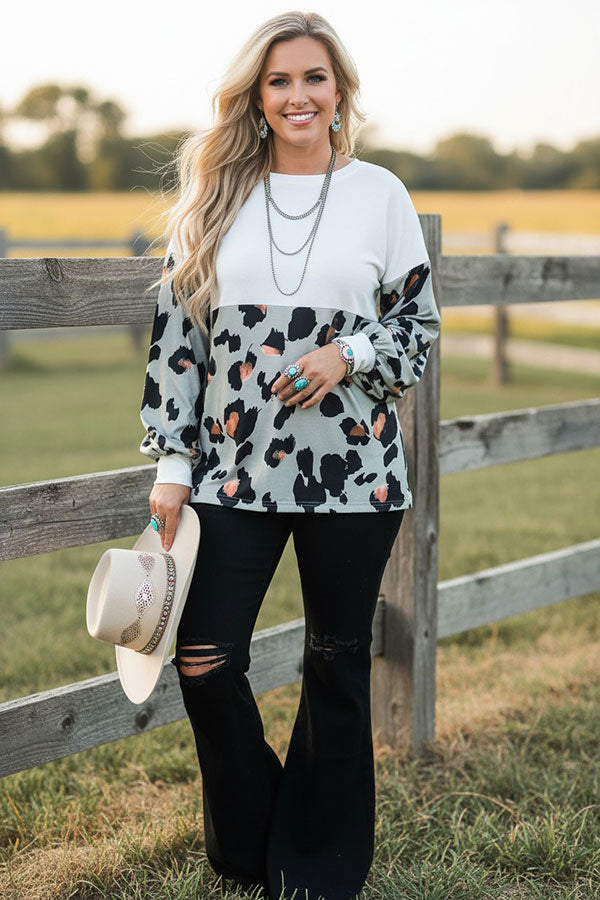 Western leopard & white long sleeve women's boutique blouse GJQ14288