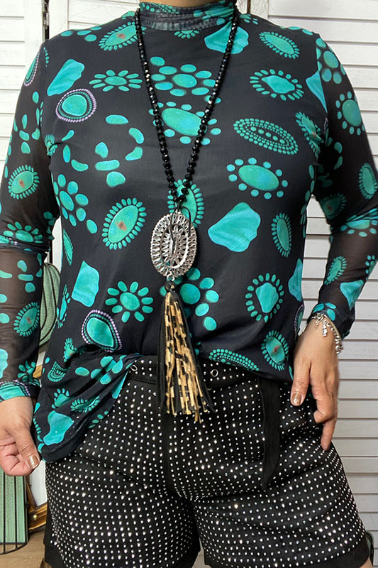 GJQ14376 Turquoise jewels printed long sleeve top
